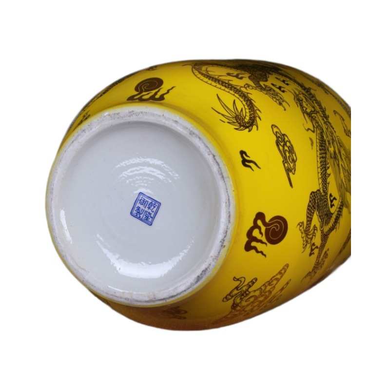 中式工艺品珐琅家居地大花瓶冬瓜落陶瓷黄色摆设 景德镇金龙 彩
