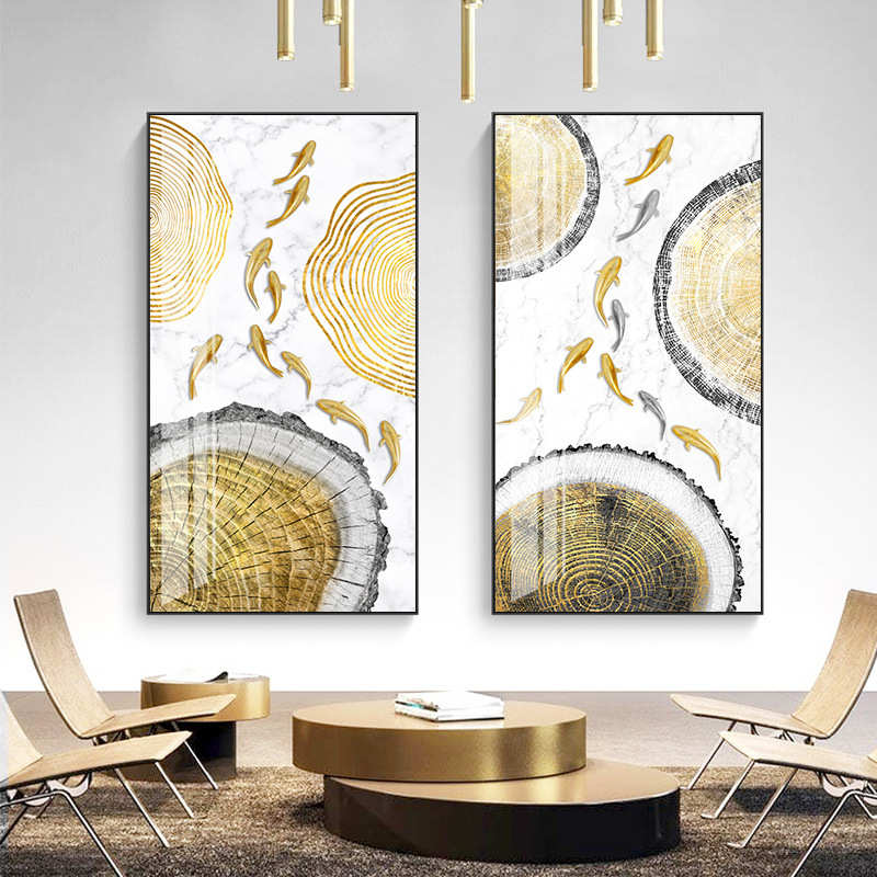 金色年轮轻奢入户玄关装饰画走廊竖版抽象壁画客厅背景墙大幅挂画