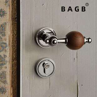 中古风卧室门锁法式黑胡桃木复古锁把手北欧圆球磁吸静音机械门锁