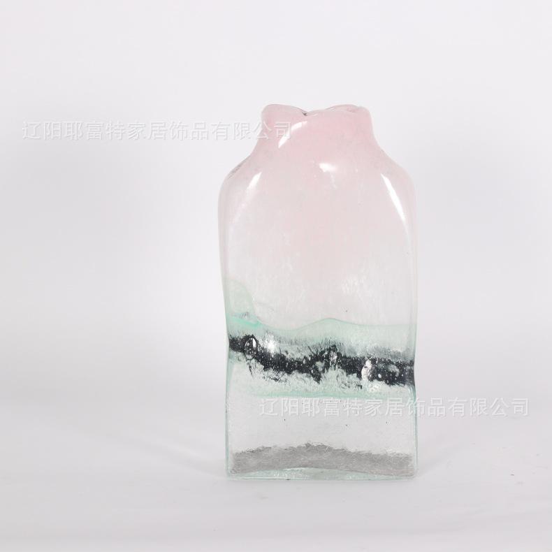 吹制玻璃花瓶创意北欧粉色透明水炸纹插花器水培器皿扁口小清新