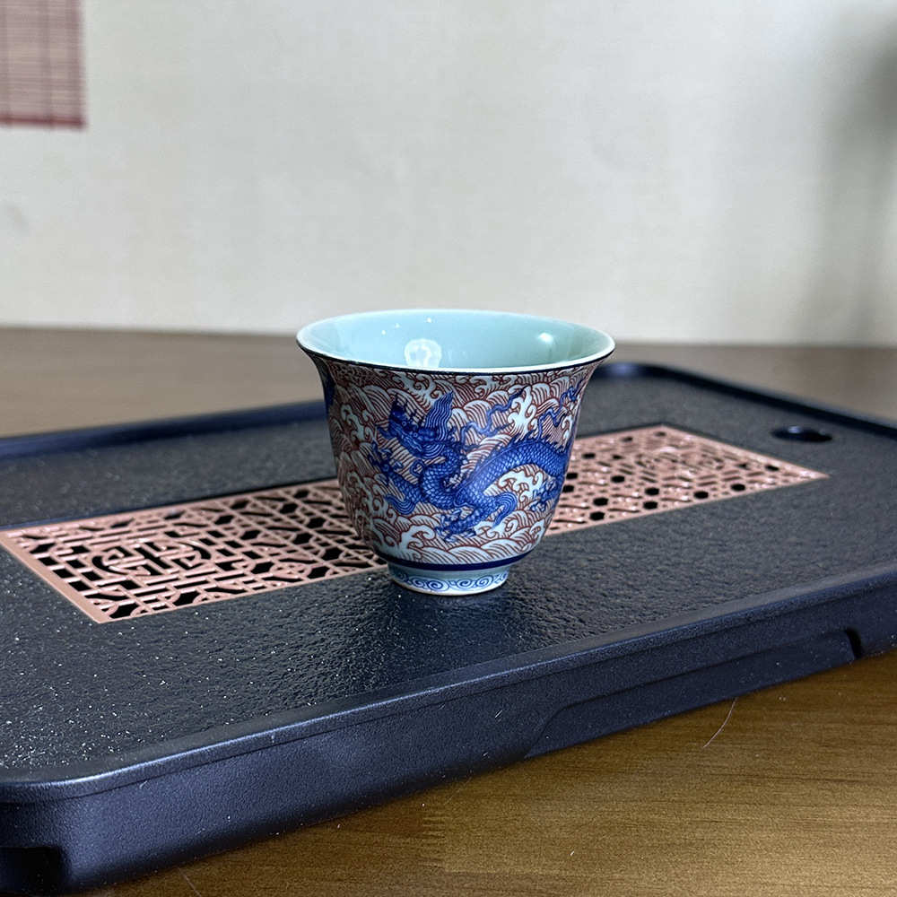 釉里红才大壶茶器青马蹄手工二龙纹茶杯盖碗承景德镇小复古泡盖碗