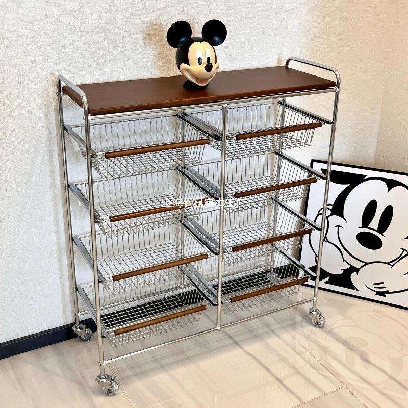 中古小推车置物架可移动多功能整理筐榉木家用落地多层收纳储物架