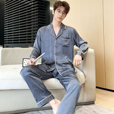 睡衣男士春秋长袖薄款冰丝高级感提花大码可外穿家居服套装秋N260