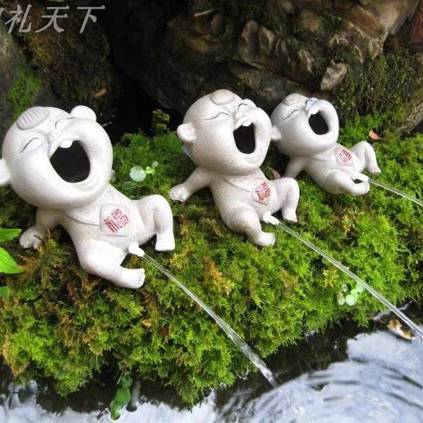 假山流水摆件水族鱼缸配件创意陶瓷喷水尿娃福娃山水盆景家居造景