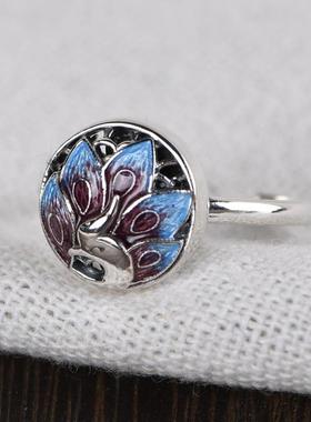 网红- S925银烧蓝工艺饰品戒子 小清新款开口女款凤凰银戒指