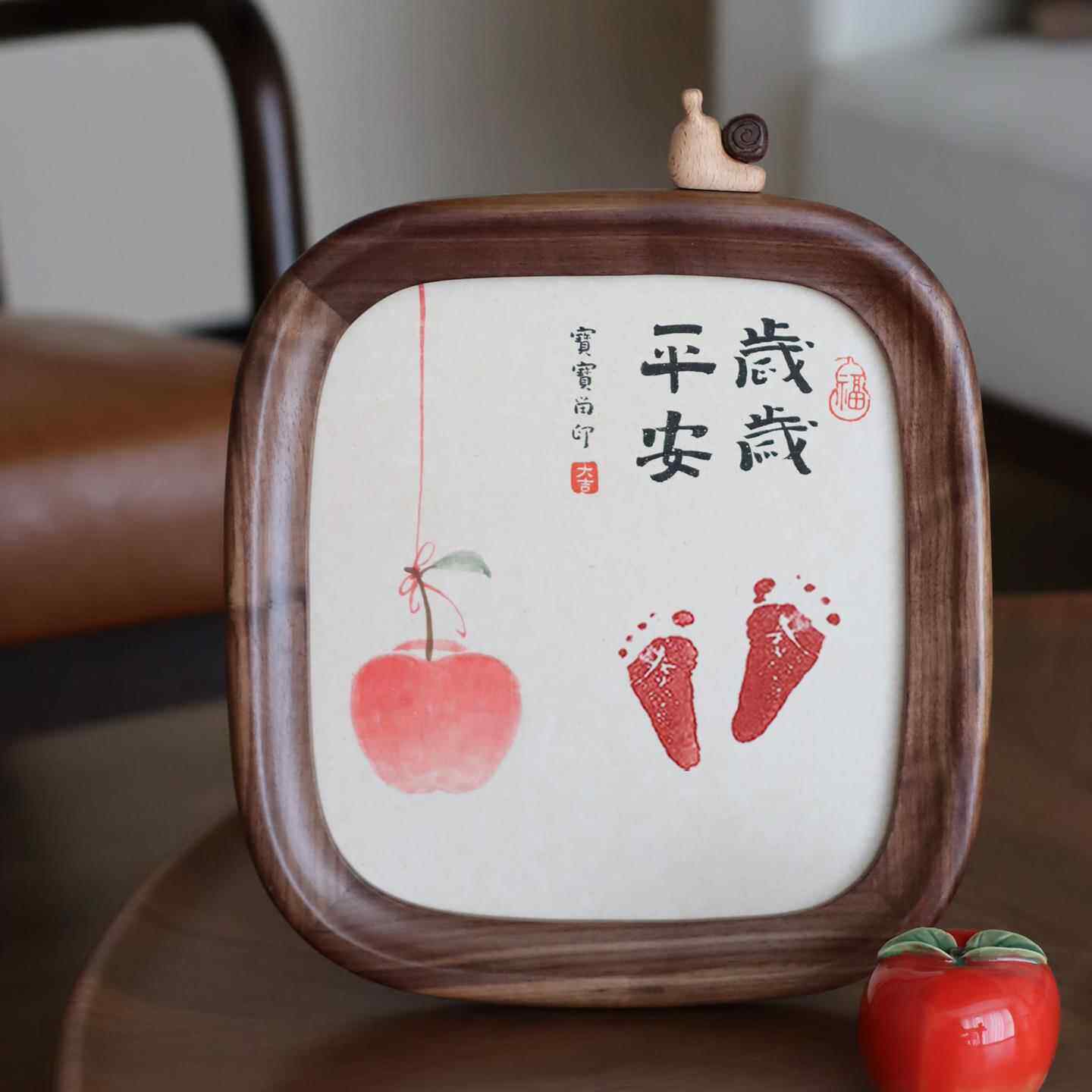纯手绘手写宝宝手足脚印留念印周岁满月百天创意黑胡桃木圆弧摆台