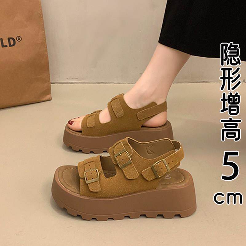 香港真皮厚底勃肯凉鞋女夏外穿2026新款增高配裙子坡跟沙滩罗马鞋