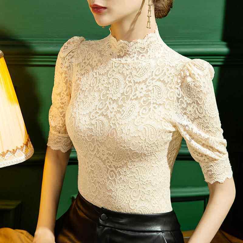 秋季新款立领蕾丝打底衫女修身五分袖泡泡袖中袖洋气半袖上衣