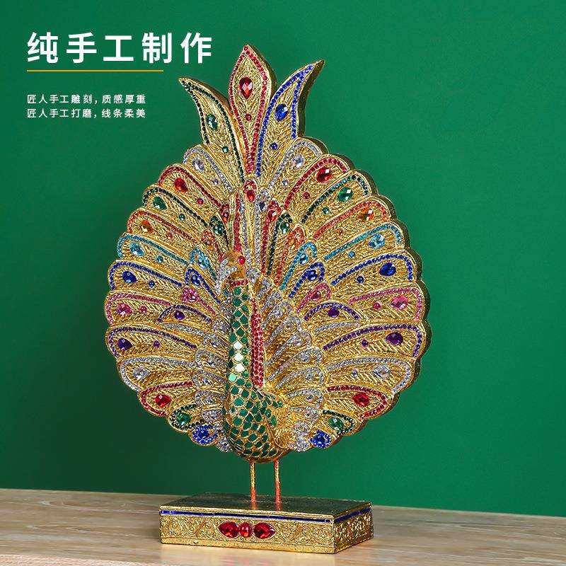 泰国实木雕刻工艺品玄关新中式孔雀开屏禅意电视柜装饰摆件摆设