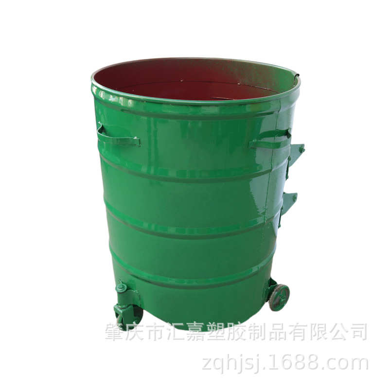 户外环卫铁皮垃圾桶圆形绿色带盖加厚分类特大号挂车桶360L升铁桶