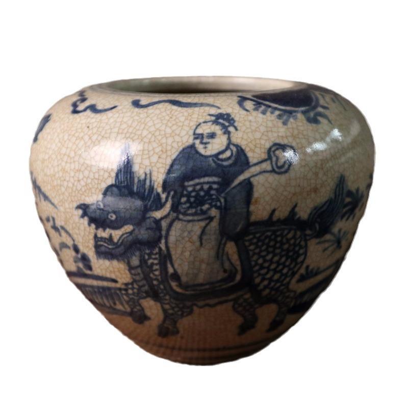 厂家古玩做旧仿古陶瓷工艺品开片青花缠枝莲鱼藻狮纹天字罐缸摆件