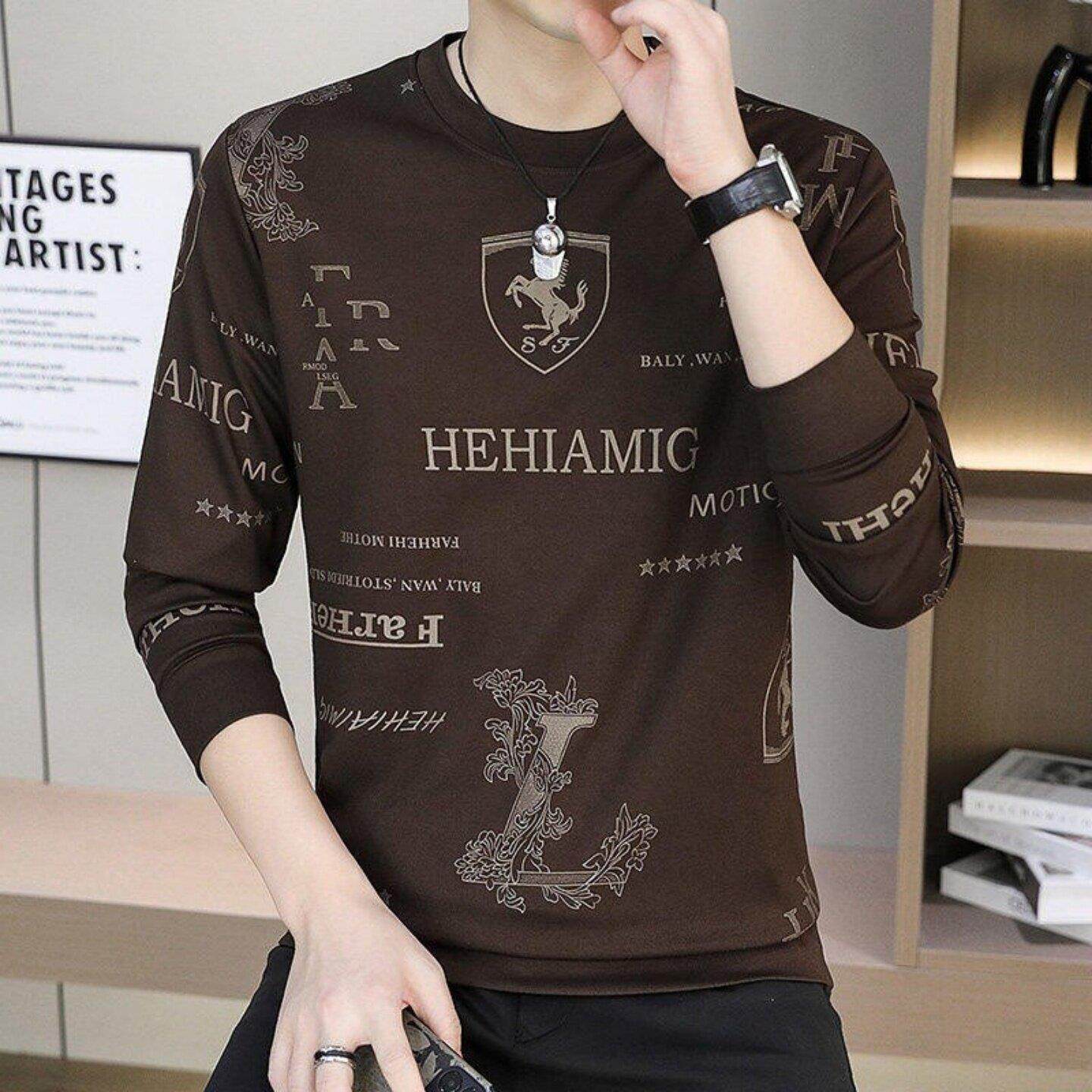 高端正品圆领卫衣男2025新款春秋季休闲男士修身薄款印花长袖T恤