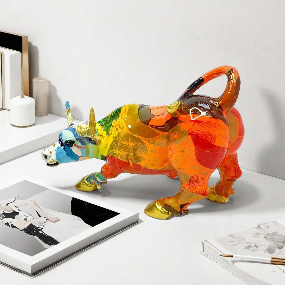 渐变华尔街牛潮流摆件树脂工艺品家居桌面酒柜展厅牛气冲天装饰品