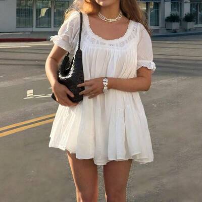 Baby Doll Mini Dress for Women Summer Solid Color Loose