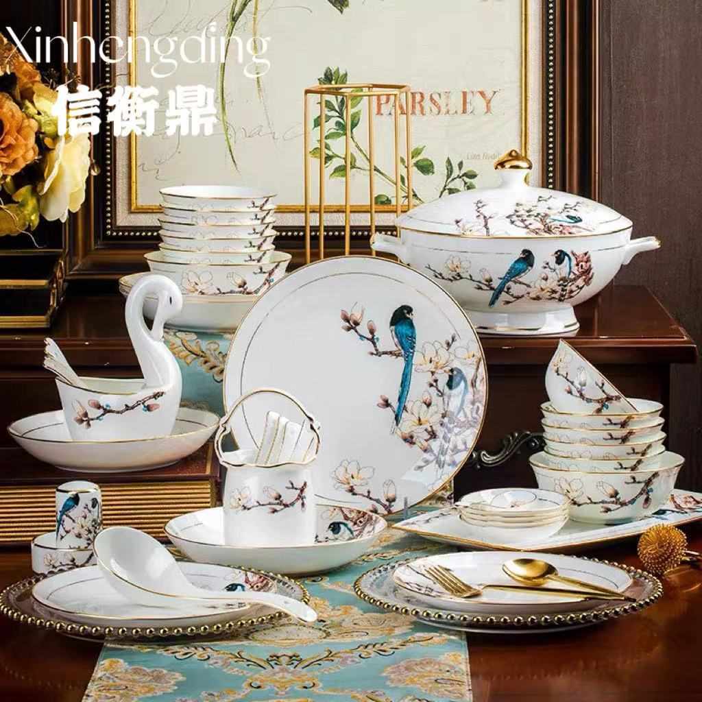 喜鹊登枝景德镇中式高档碗碟套装家用骨瓷餐具碗菜盘批发摆台