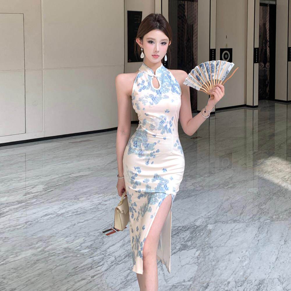优雅气质名媛高级复古典雅花色旗袍连衣裙性感无袖开叉修身包臀裙