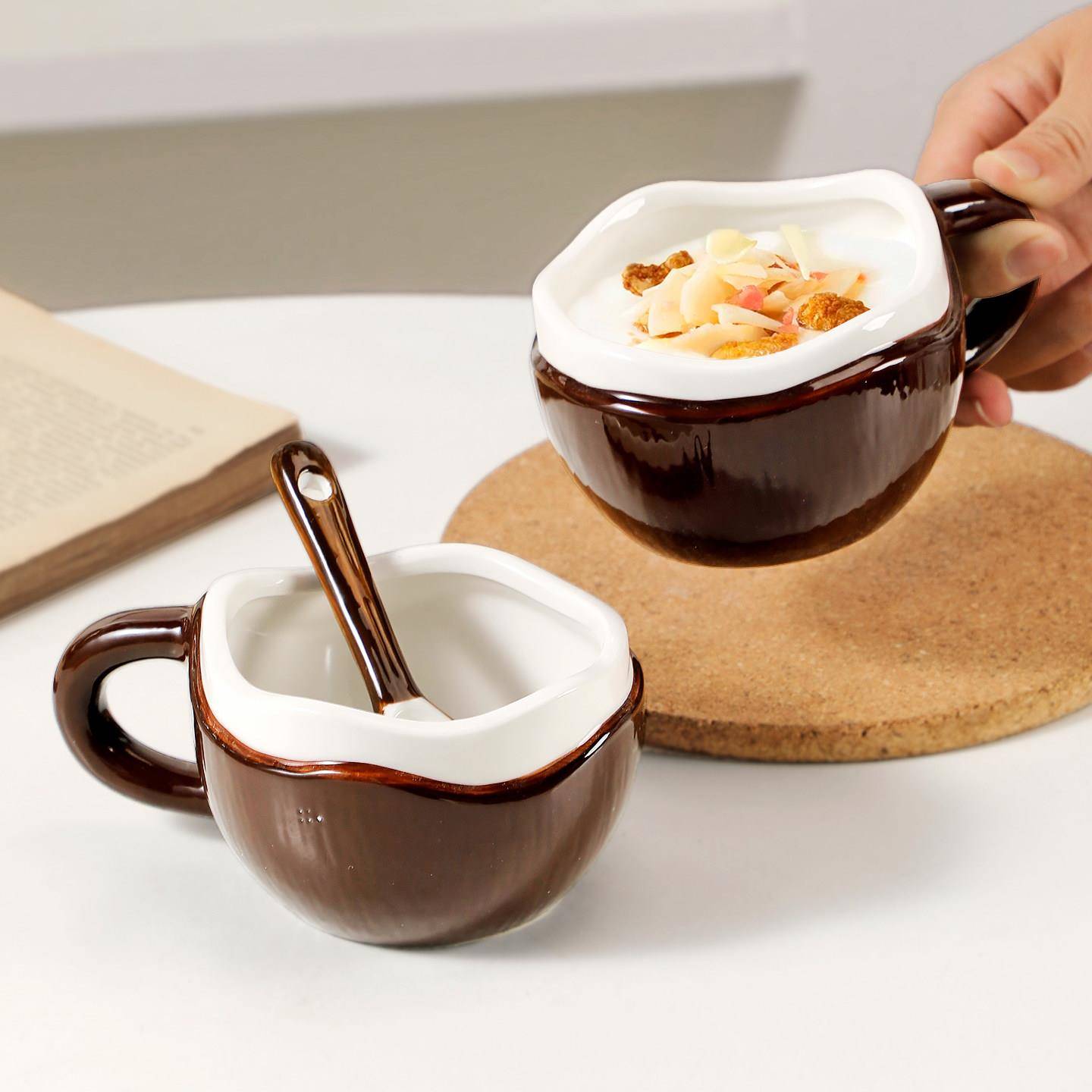 椰子杯家用陶瓷马克杯杯身送勺子小众设计感咖啡杯燕麦杯牛奶杯