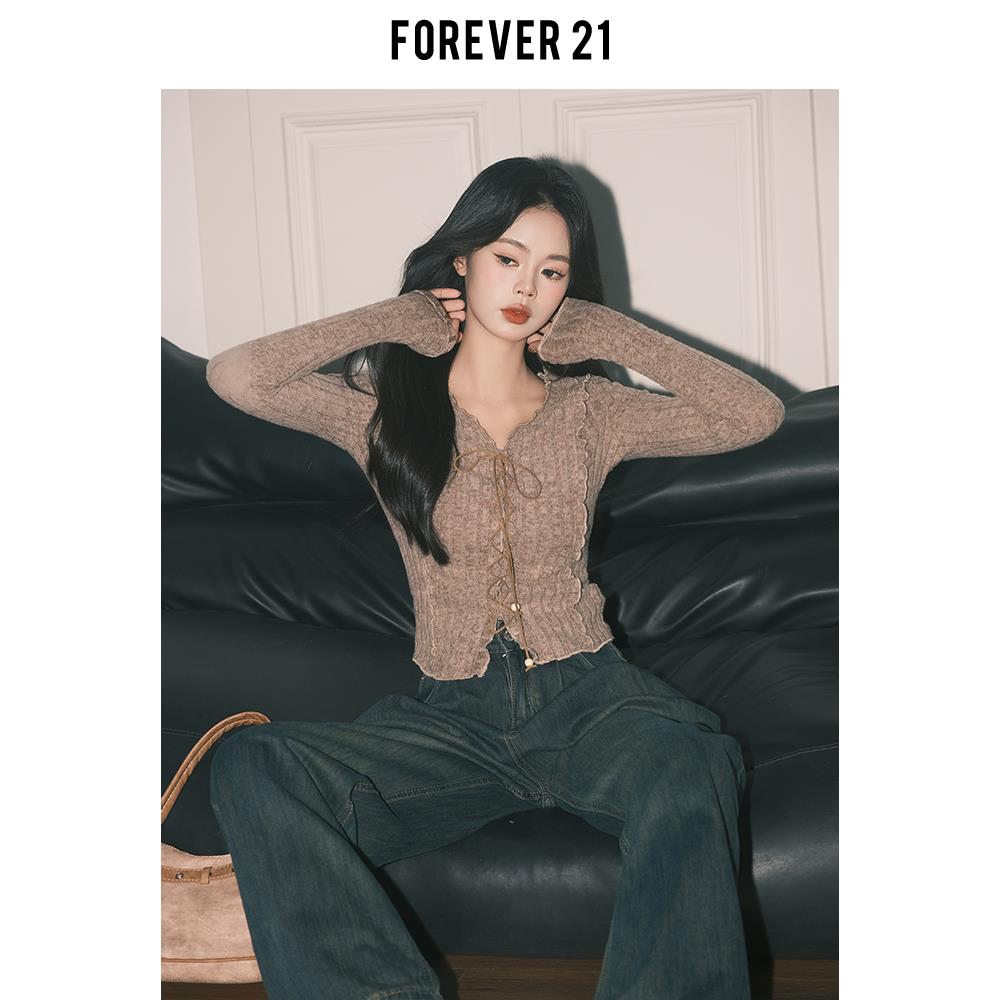 Forever21卡其色优雅的小V领针织开衫女士修身和别致的长袖系带下
