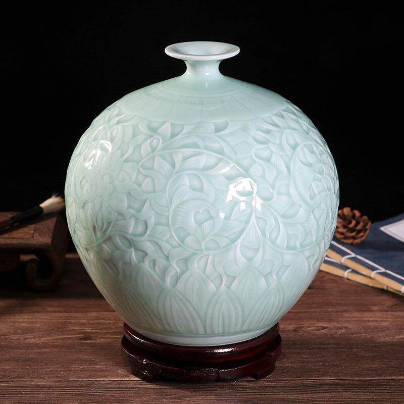 青瓷浮雕天青釉石榴瓶景德镇陶瓷器家居客厅颜色釉花瓶工艺品摆件