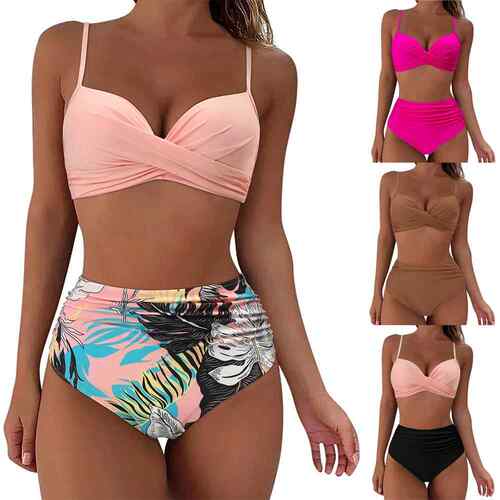 Female split bikini print high waisted swimsuit swimsuit