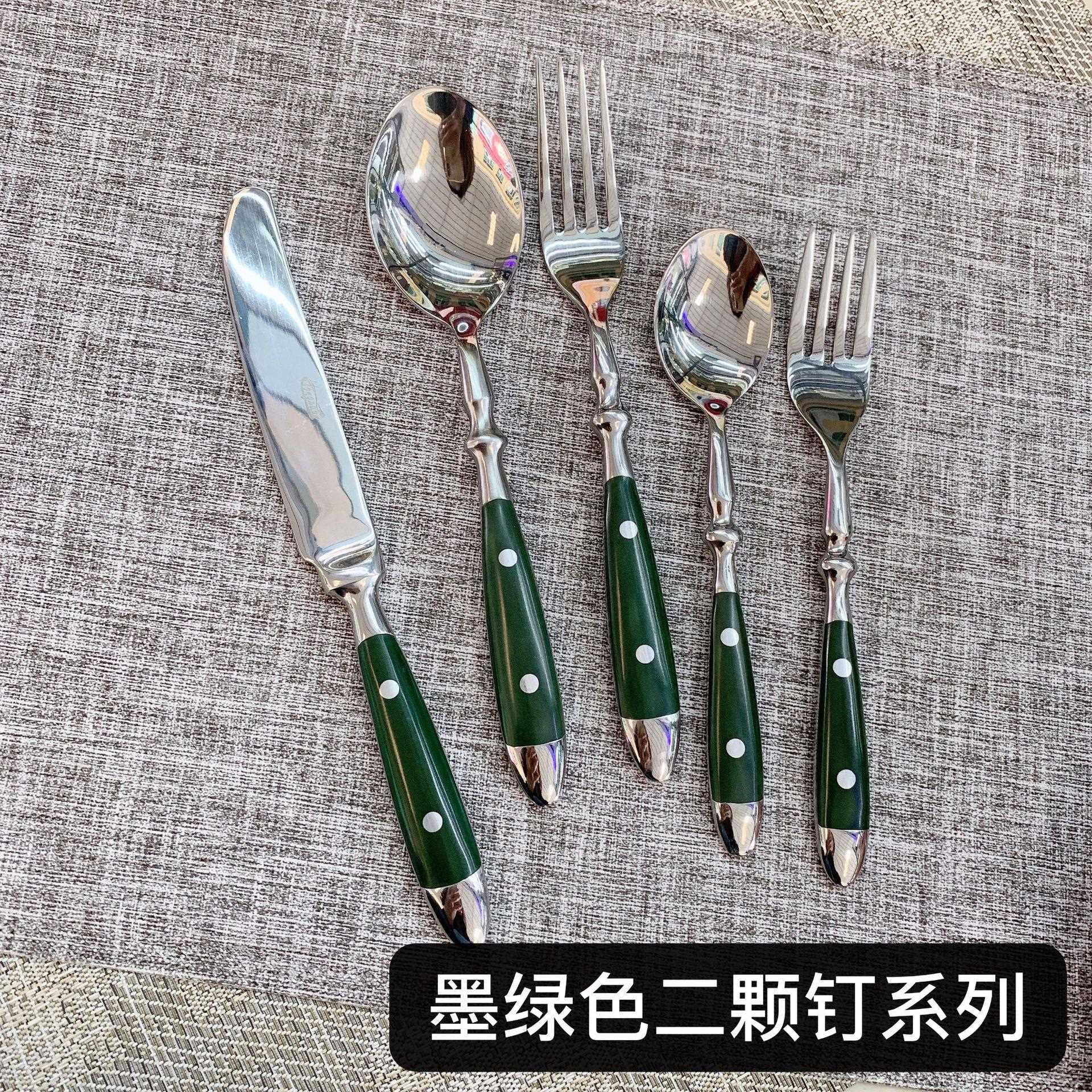 304不锈钢西餐餐具二颗钉刀叉勺子 木柄刀叉匙三件套酒店用品餐厅