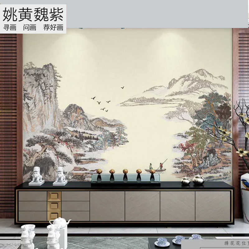 中式刺绣墙布锦秀河山靠山图大气山水客厅沙发茶室背景山水画独绣