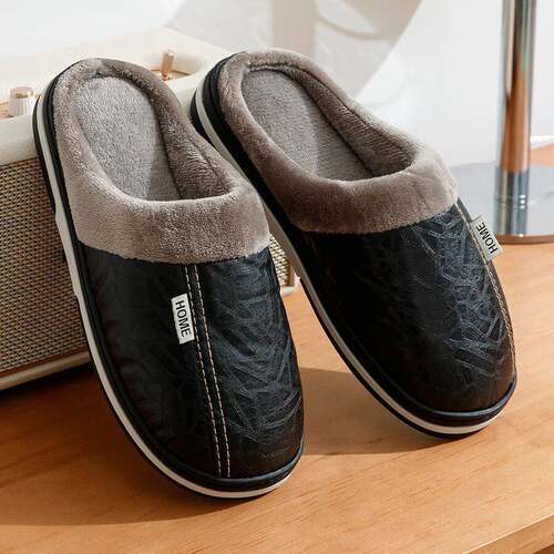 PU Leather Big Sizes Men slippers Indoor Waterproof Fur Flat