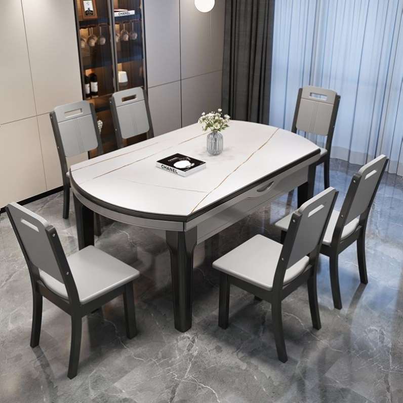 岩板餐桌椅组合小户型家用吃饭桌子椅子大理石实木餐桌可伸缩折叠