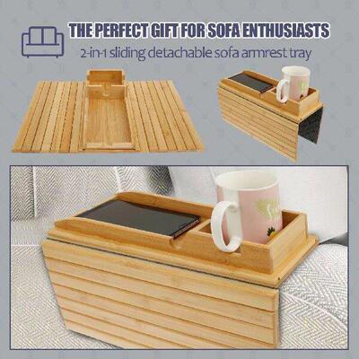 Couch Cup Holder Tray 2 in 1 Bamboo Wood Sofa Armrest Tray