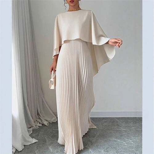 Womens Plain Pleated Cloak Sleeve Maxi Dress Elegant Round
