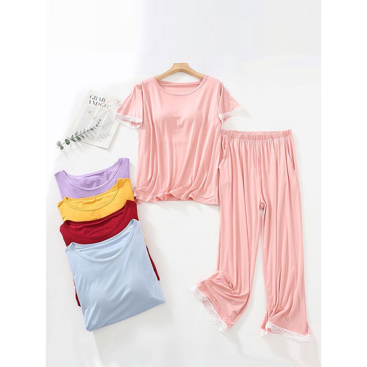 短袖莫代尔睡衣女夏季家居服套装带胸垫纯色七分裤蕾丝花边家居服