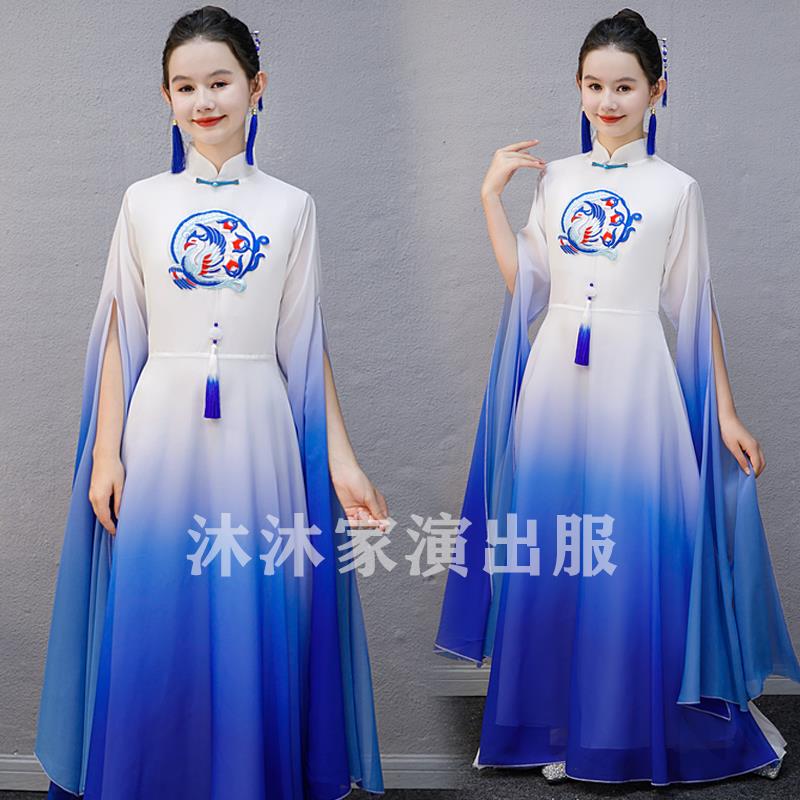 高档女童红色古筝弹演风出服中国儿童古筝演出服中大童艺民考乐演图片