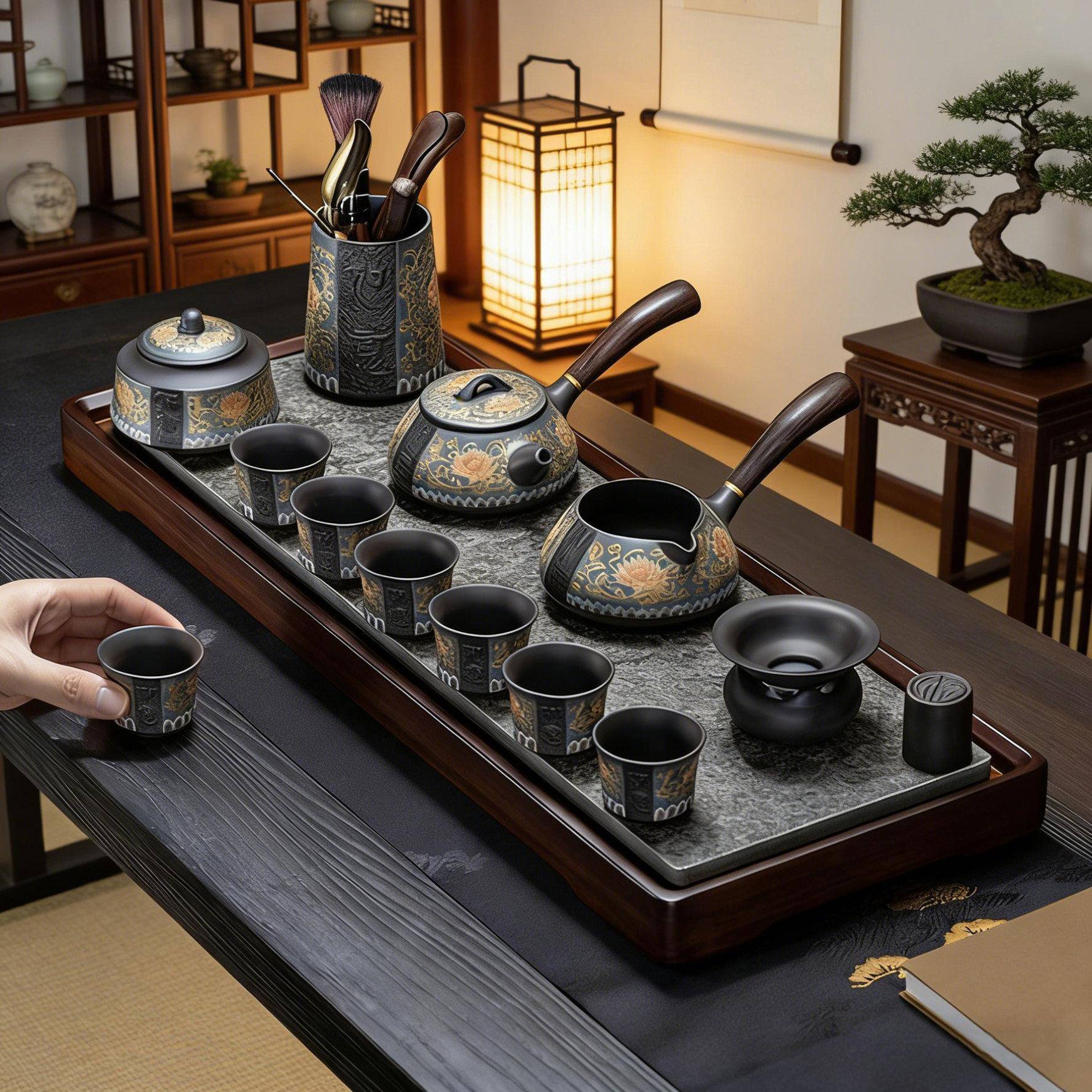 景德镇紫砂茶具套组缠枝莲侧把泡茶壶茶杯整套礼盒装轻奢高档送人