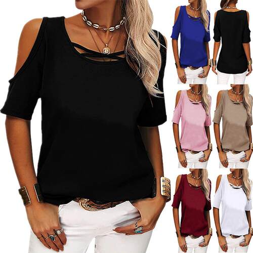 Women'S Summer Cold Shoulder T-Shirt Casual Short Sleeve V