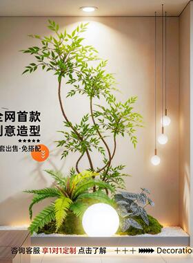 仿真绿植造景室内楼梯下假植物装饰景观布置仿生南天竹大型摆件