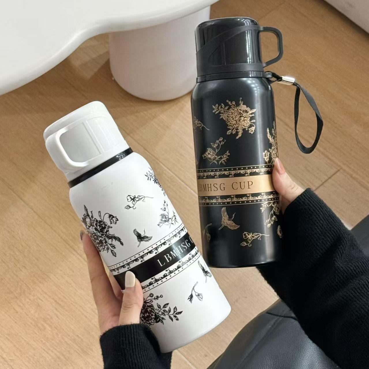 新款白色栀子花保温杯高颜值带茶漏咖啡杯户外旅行大容量随行水杯