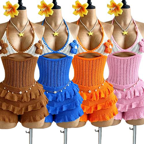 Knitted hand hook ruffle edge hanging neck strap hollowed