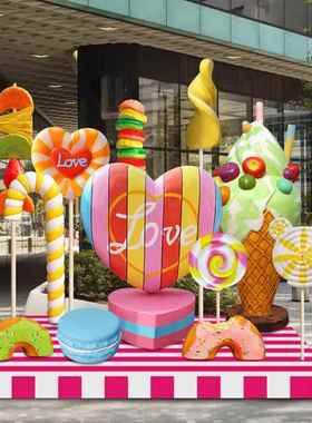玻璃钢发光冰淇淋摆件仿真雪糕棒棒糖雕塑户外商场甜品店美陈装饰