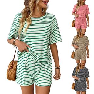 Two-Piece Set Women'S Round Neck Striped Print Drop Shoulder