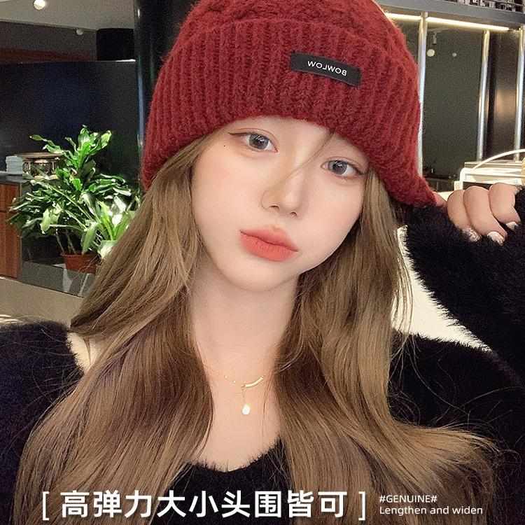 酒红色大头围帽子女秋冬季毛线帽2023新款圣诞礼物保暖冷帽针织帽