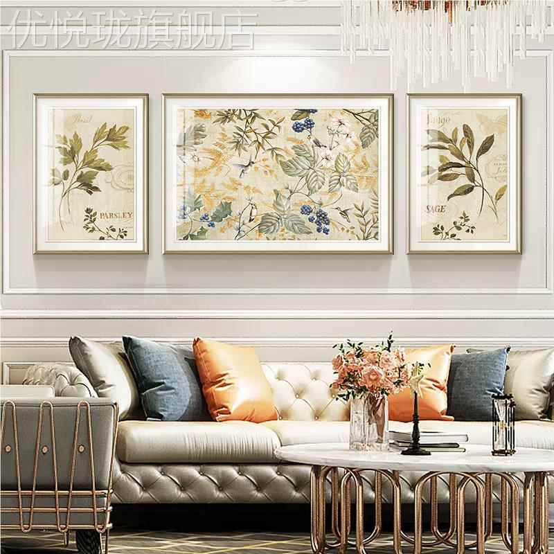 网红简象约美式客鸟画沙发景画美式轻奢厅装饰简约抽花画卉背三联