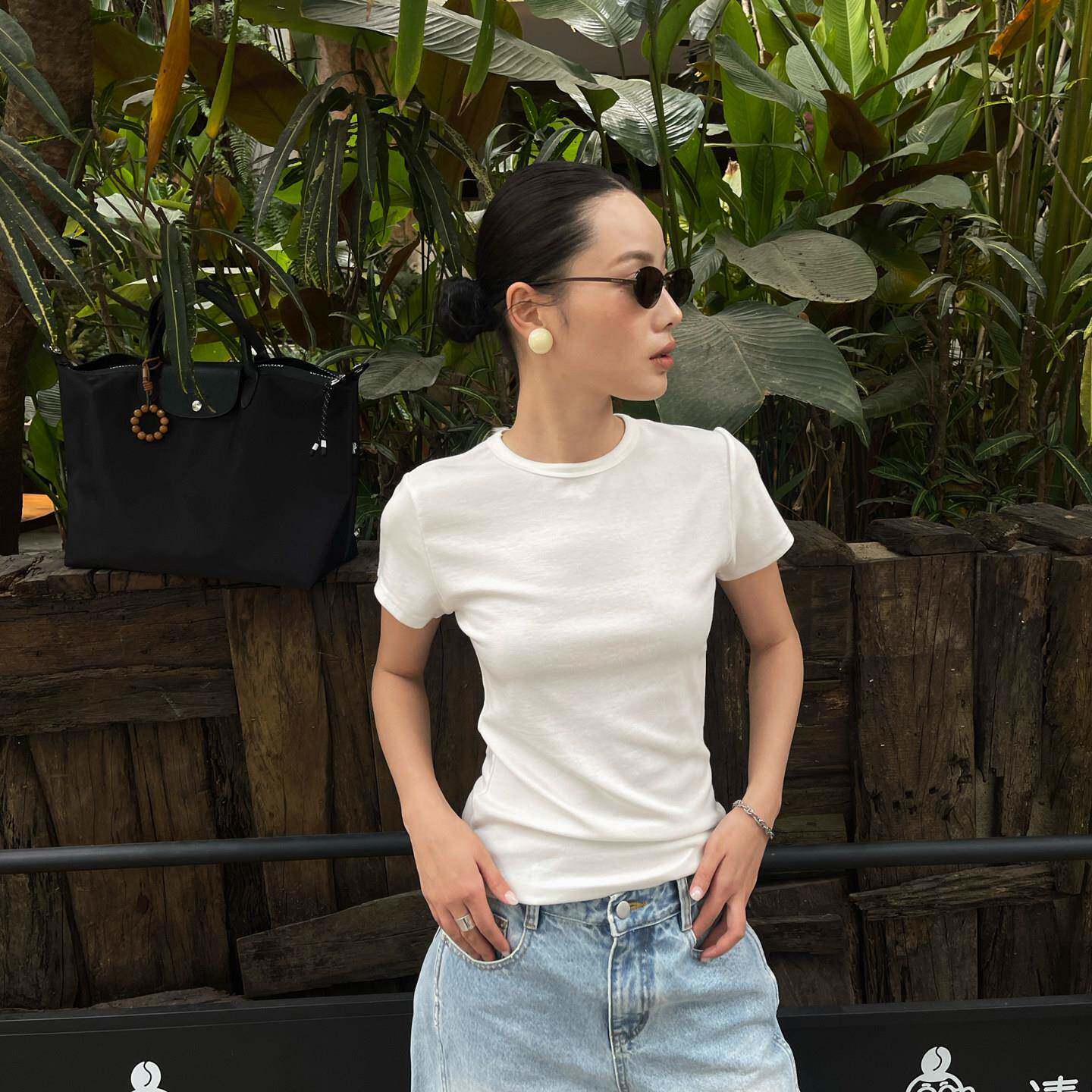 PUIRTYYH美式纯色t恤女正肩短袖新款显瘦修身棉打底紧身辣妹上衣