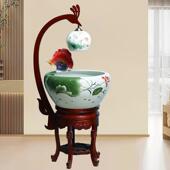 大号青花鱼缸景德镇鱼缸新中式 鱼盆加湿流水摆件客厅落地鱼缸玄关