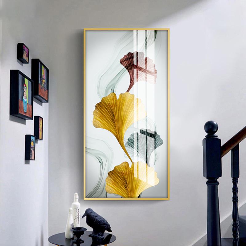 轻奢晶瓷画玄关装饰画 新中式九鱼图莲花玄关画竖版家居壁画