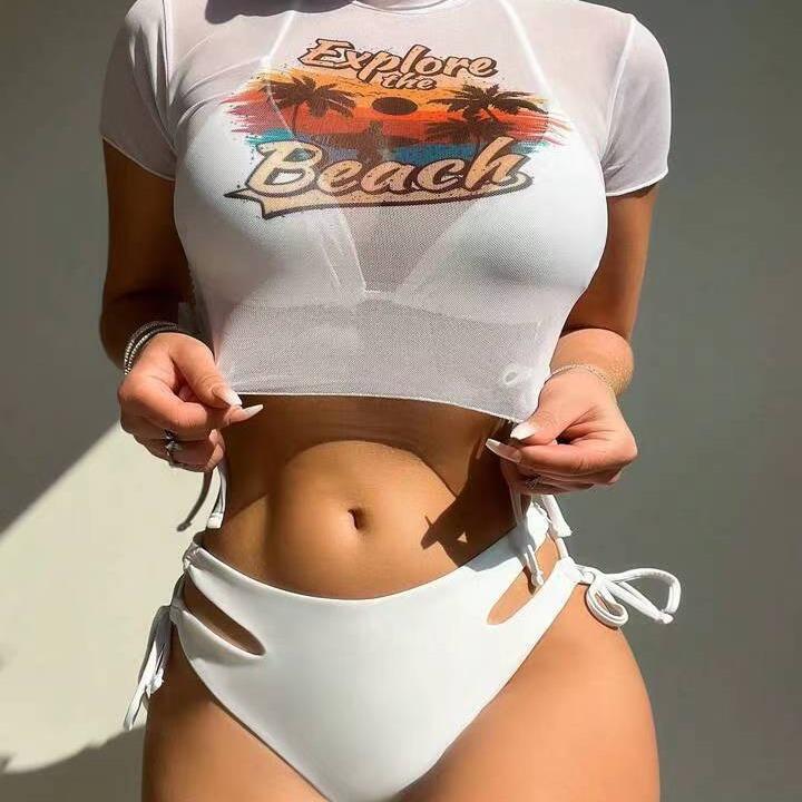 suit short mesh bikini piece sleeve women Swimsuit cover-up