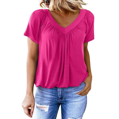 Womens Casual VNeck Tunic Tops Short Sleeve Pleated Front