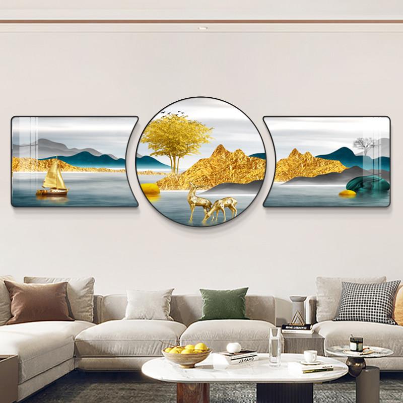 背靠金山客厅装饰画福禄麋鹿发财树沙发背景墙山水风景壁画三联画