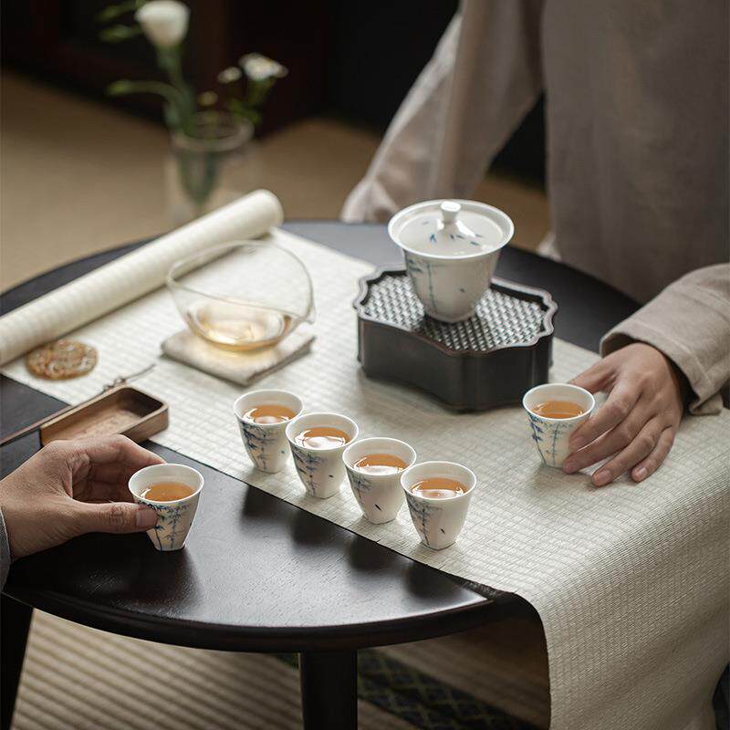 玉瓷手绘青花竹子茶具套组功夫茶具整套礼盒装茶礼茶室用具