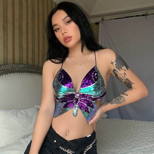Women's sequined butterfly strapless vest with lace up and