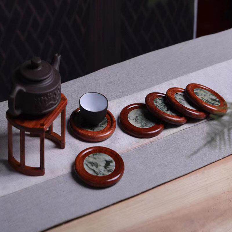 缅甸花梨实木制作圆形茶杯垫镶嵌天然云石家居客厅茶桌摆放工艺品